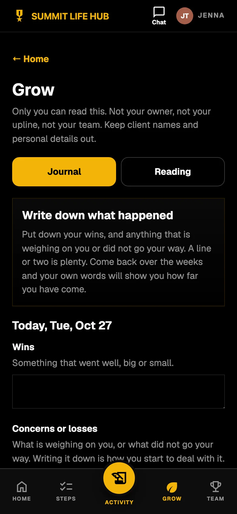 The Warp Hub Grow screen: a private journal where an agent writes down wins and concerns, marked as readable only by that agent.
