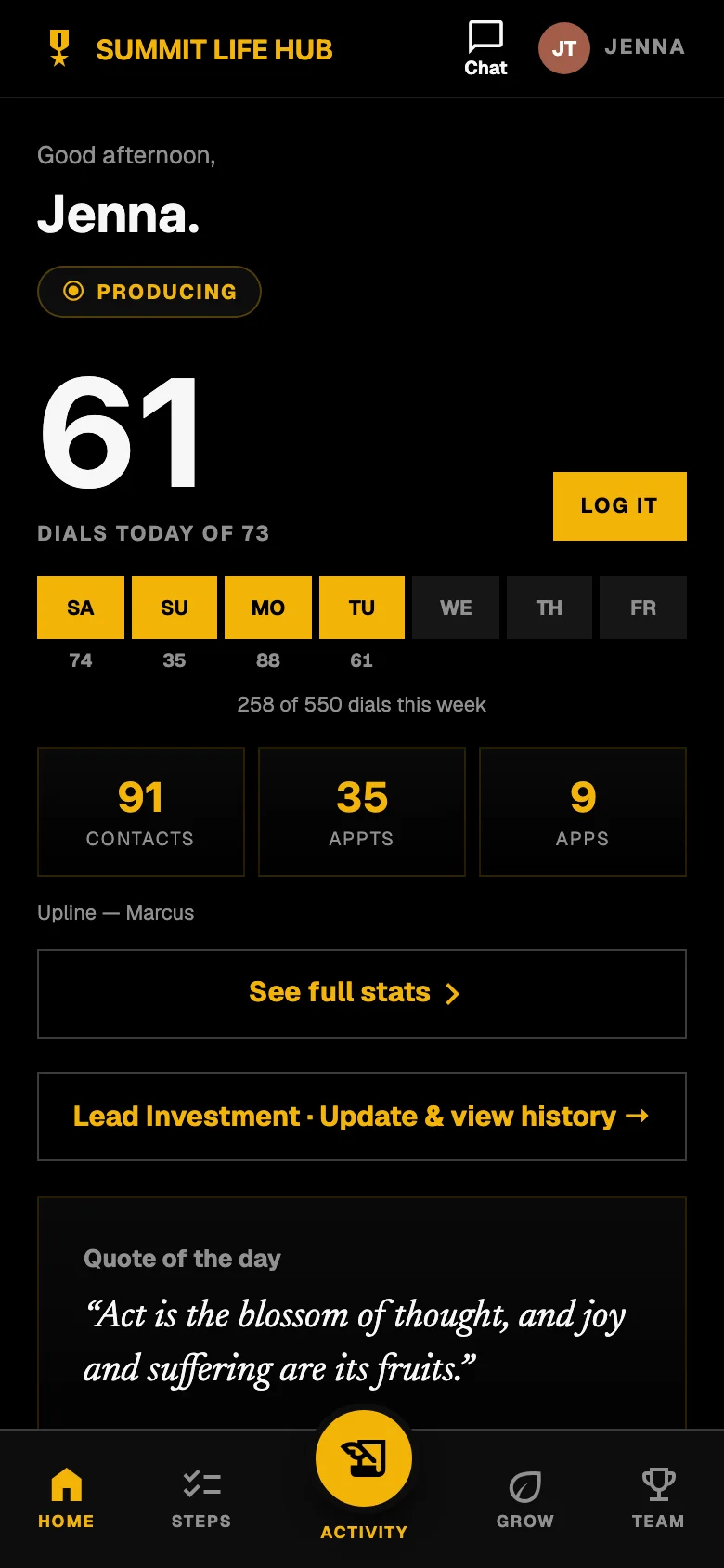 The Warp Hub home screen for a sample agent: 61 dials logged today of a 73-dial goal, a week strip showing four days logged, and contact, appointment and application totals.
