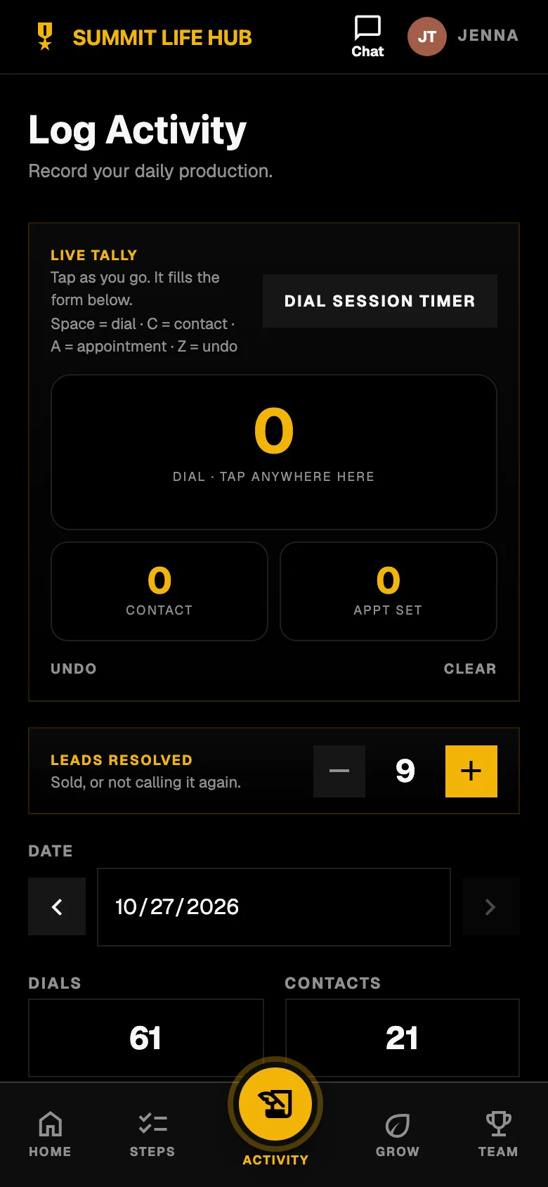 The Warp Hub Log Activity screen with a live tally: a large tap area that counts dials, plus contact and appointment buttons, an undo, and a date picker.