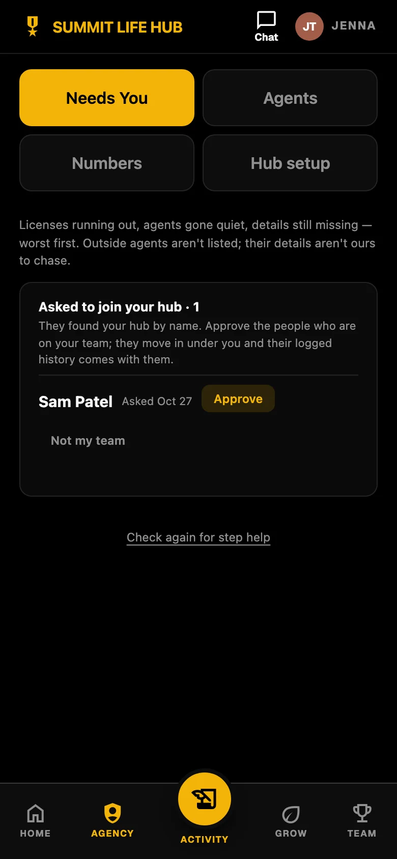 The Warp Hub owner screen with Needs You, Agents, Numbers and Hub setup tabs, and a request from a person asking to join the hub with an Approve button.
