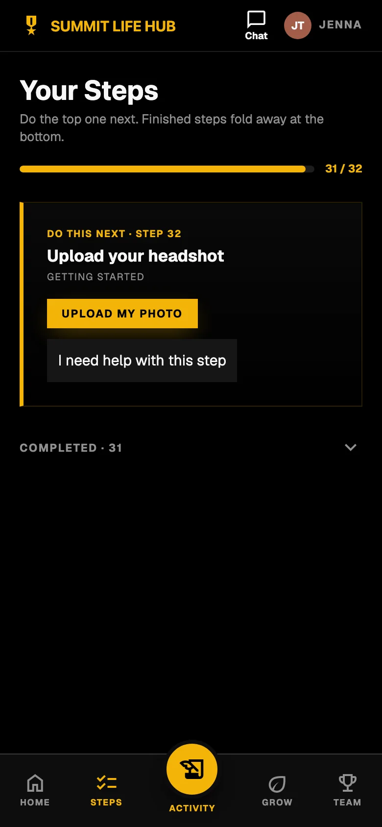 The Warp Hub Your Steps screen: a progress bar at 31 of 32 steps, and the next step, Upload your headshot, with a help button.